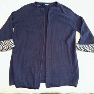 J. McLaughlin Navy open Cardigan w/eye hook and Unique Zebra print cuffs sz L